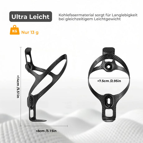 Fahrrad-Flaschenhalter aus Vollcarbon mit nur 13 g Gewicht – ultraleicht, stabil und ideal für Rennradfahrer, die Wert auf Performance legen.