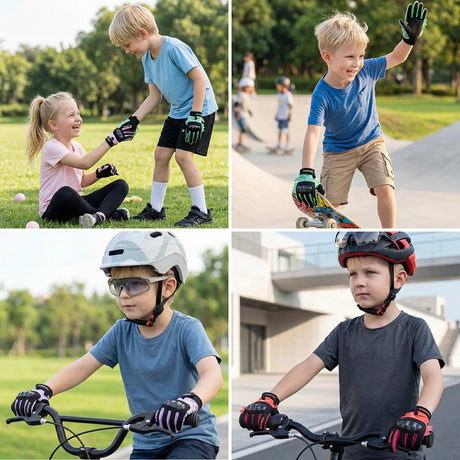 Collage of children wearing gloves and helmets outdoors.