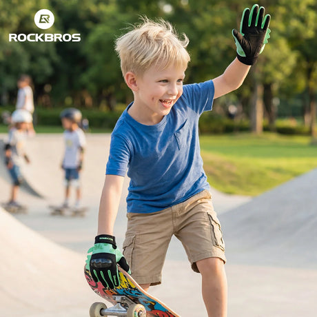 Child on a skateboard with 'RockBros' logo in the background #color_green