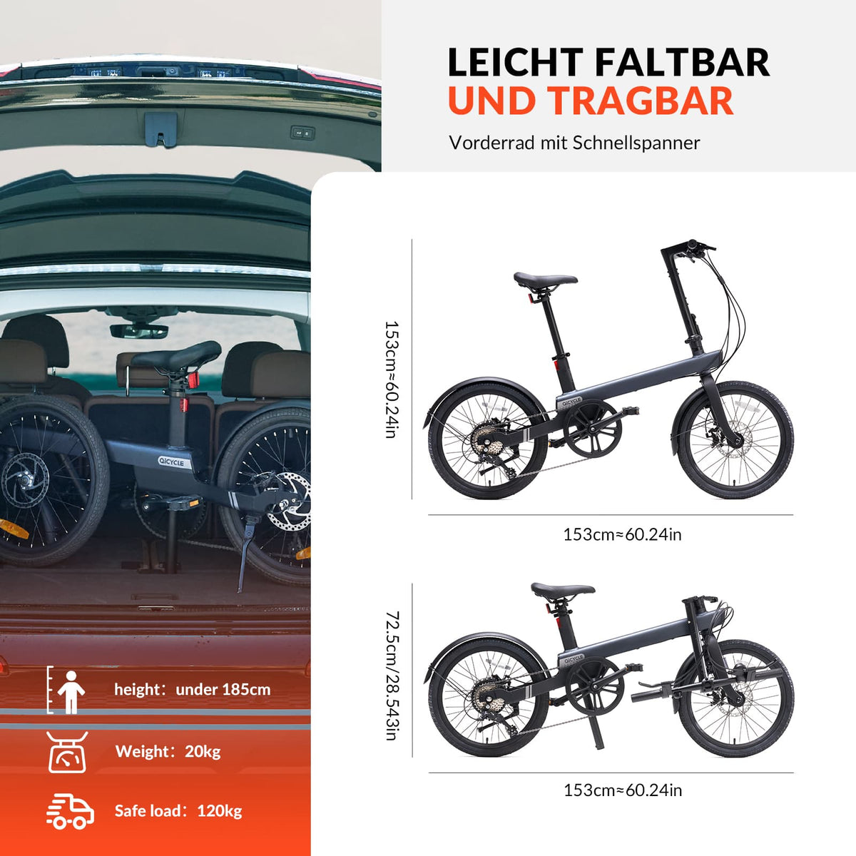 QiCYCLE E-Bike 20 Zoll klappbare Elektrofahrrad mit 8 Gangschaltung bi – ROCKBROS-DE