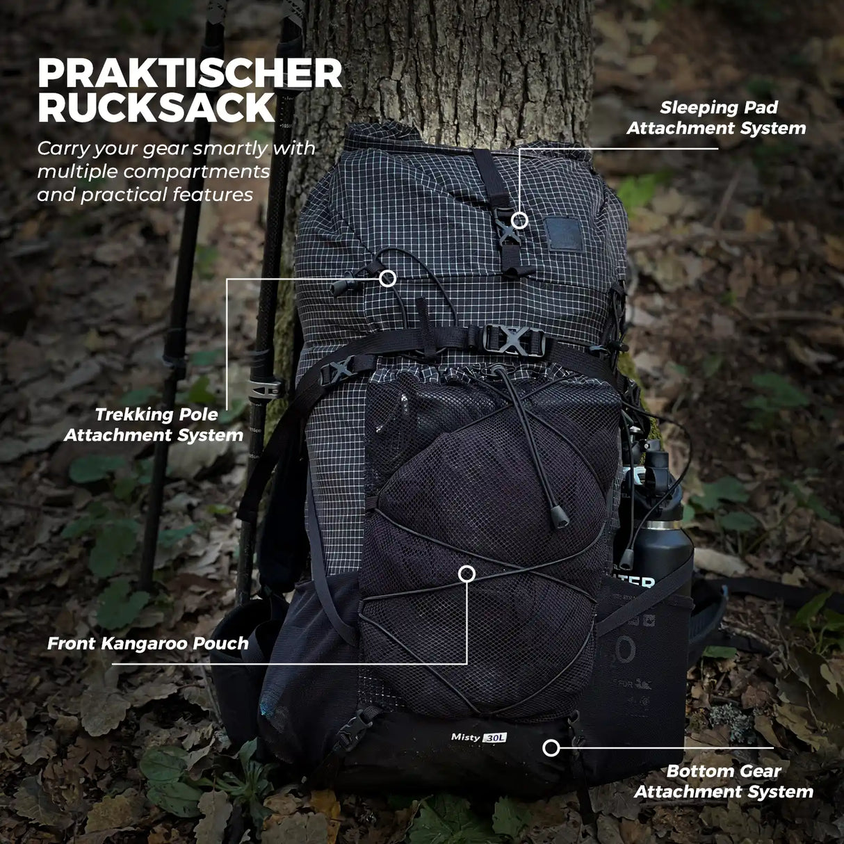 qunature misty 30l backpack with trekking pole, sleeping pad and bottom gear attachment systems