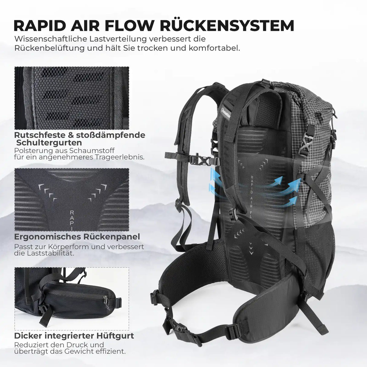 qunature misty 30l backpack with rapid air flow back system, ergonomic back panel and hip belt