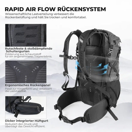 qunature misty 30l backpack with rapid air flow back system, ergonomic back panel and hip belt