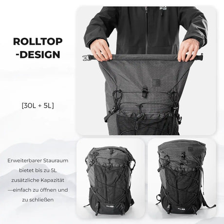 qunature misty 30l backpack with roll top design, expandable to 35l