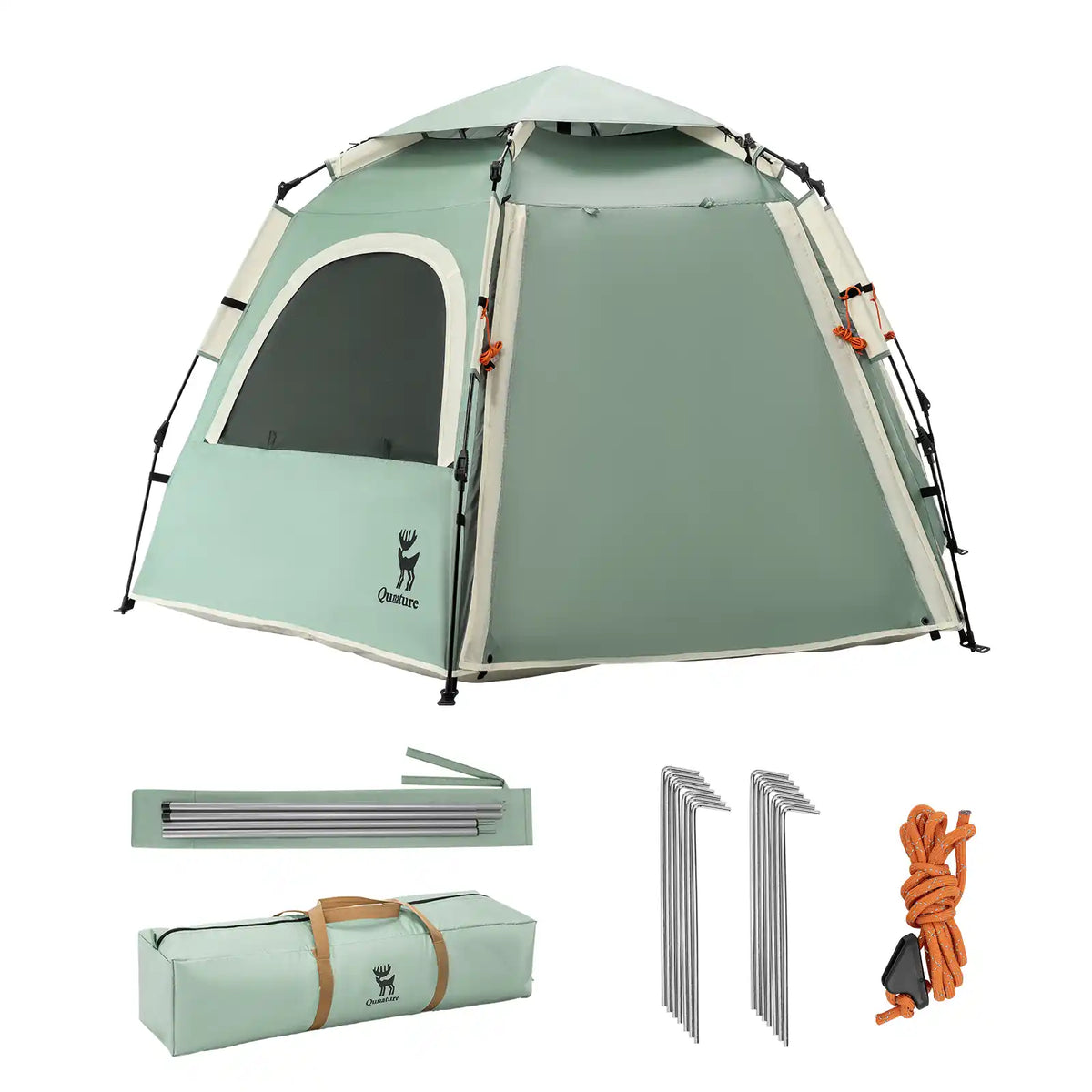 gruenes camping zelt mit stabern, seilen und transporttasche