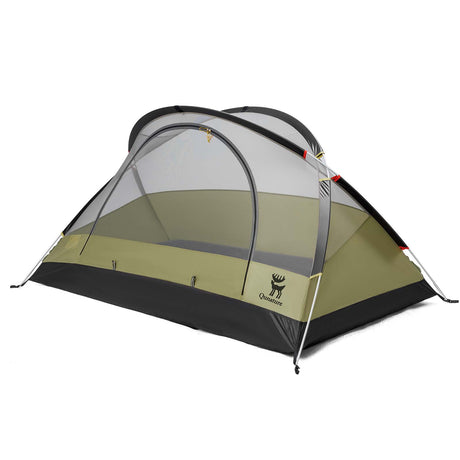 olivgrünes und schwarzes camping zelt mit doppelter schicht