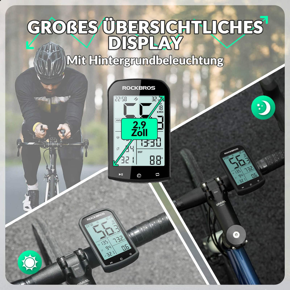 ROCKBROS Fahrradcomputer Kabellos GPS wasserdicht Tachometer und Kilometerzähler - ROCKBROS-EU