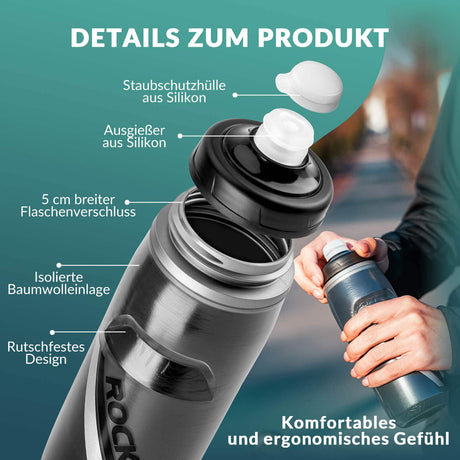 ROCKBROS Fahrradflasche 620 ml Sportflasche mit 5 Stunden Kühlhaltefunktion - ROCKBROS-EU