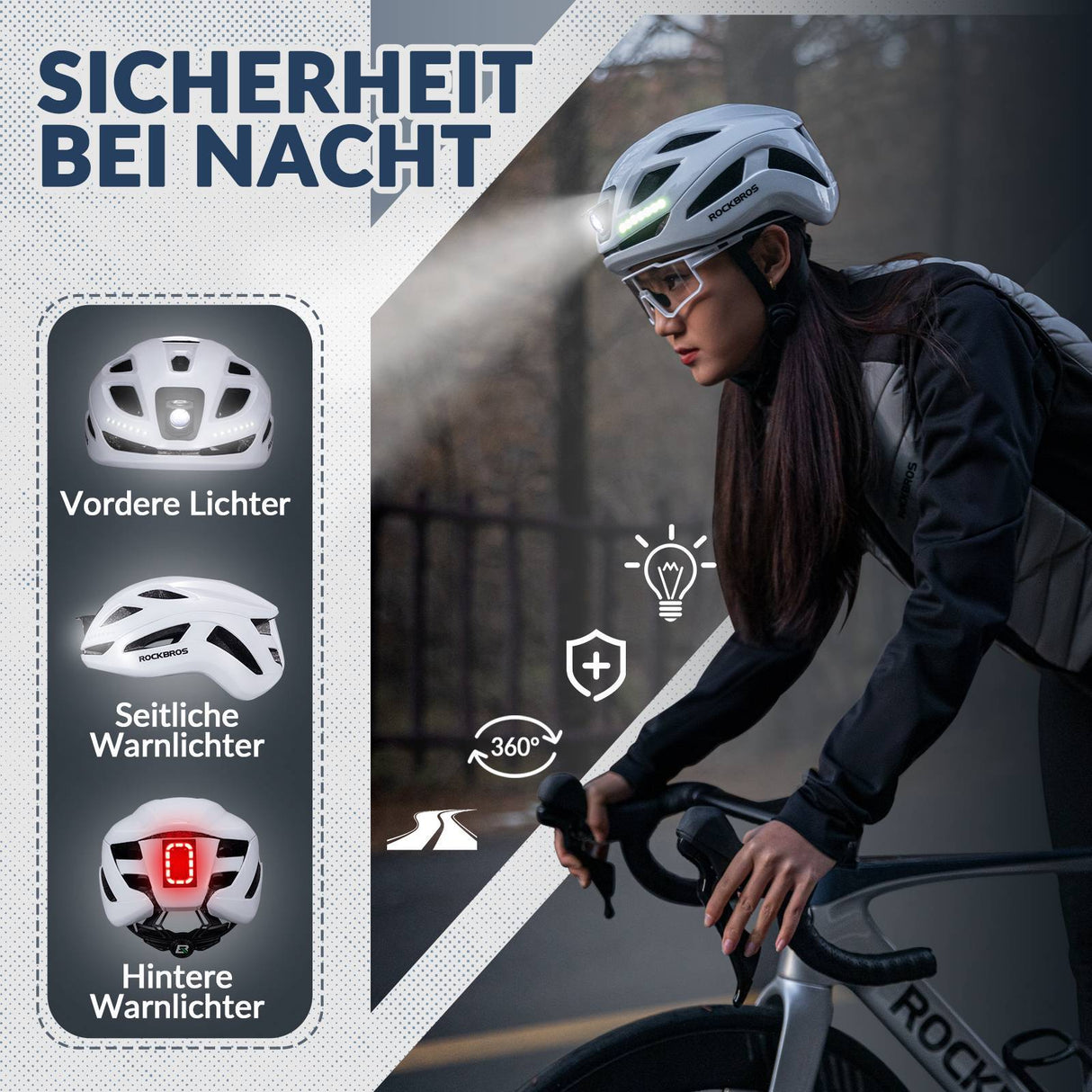 ROCKBROS Fahrradhelm mit Licht, mit USB 1800 mAh Atmungsaktiv 58-60 cm - ROCKBROS-EU