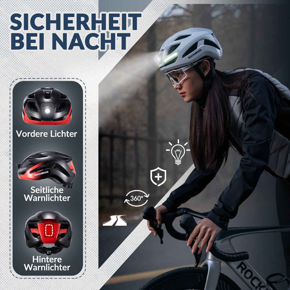 ROCKBROS Fahrradhelm mit Licht, mit USB 1800 mAh Atmungsaktiv 58-60 cm - ROCKBROS-EU