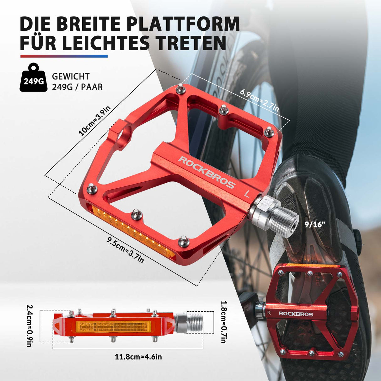 ROCKBROS Fahrradpedale mit Reflektoren aus Aluminiumlegierung 9/16 Zoll - ROCKBROS-EU