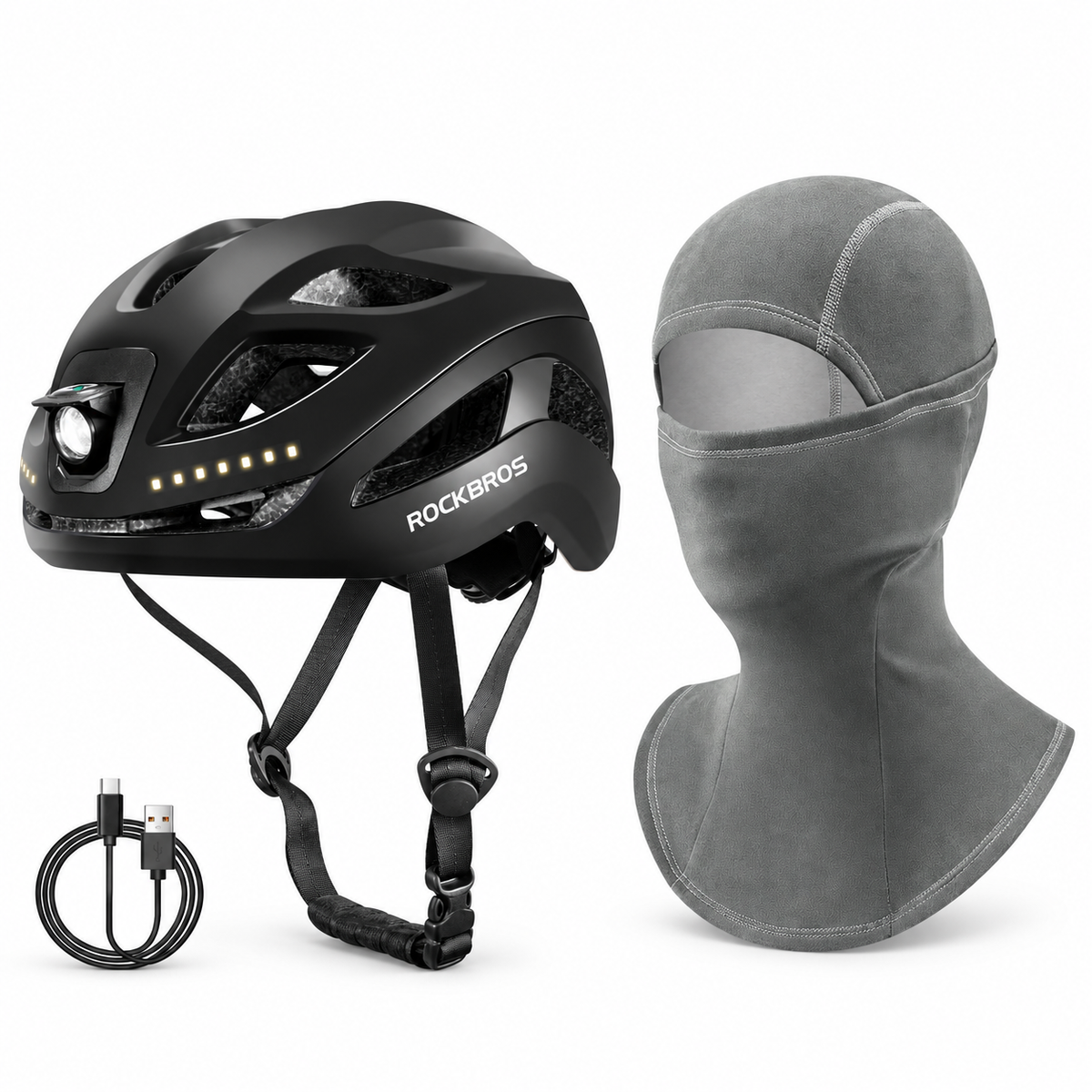 ROCKBROS Bundle: schwarzer Fahrradhelm mit Licht und dunkelgraue Fleece-Sturmhaube