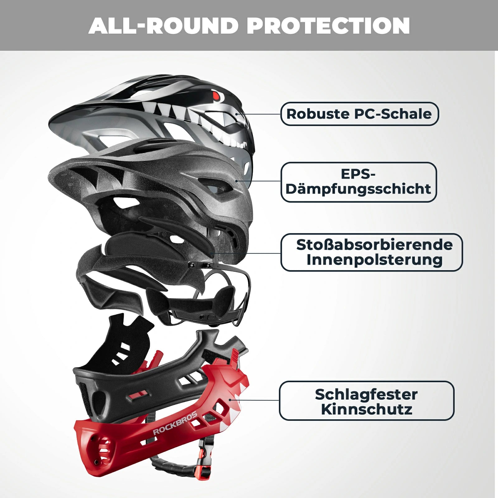 rockbros cartoon integral kinderhelm, 2-in-1 mit einem klick abnehmbarem kinnschutz
