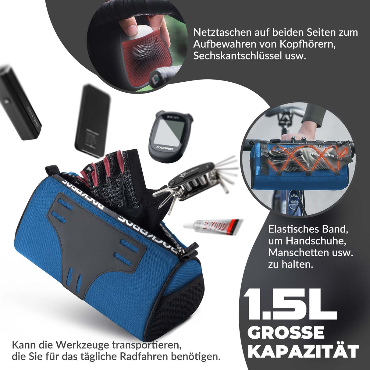 ROCKBROS Lenkertasche Multifunktionale Fahrradlenkertasche mit Schultergurt 1,5L - ROCKBROS-EU