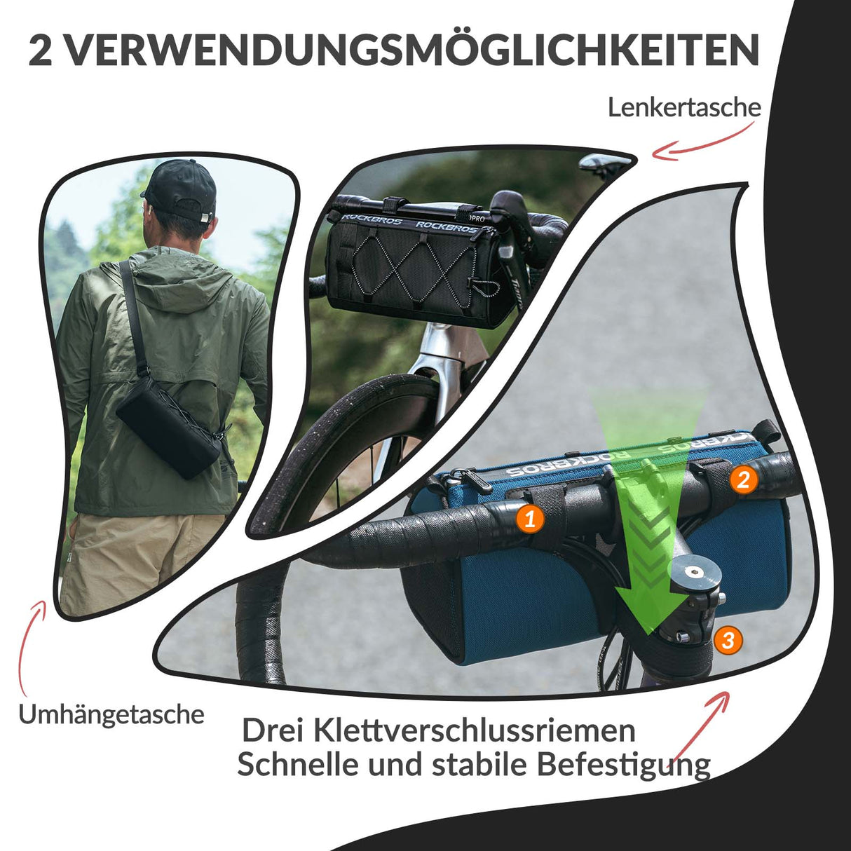 ROCKBROS Lenkertasche Multifunktionale Fahrradlenkertasche mit Schultergurt 1,5L - ROCKBROS-EU