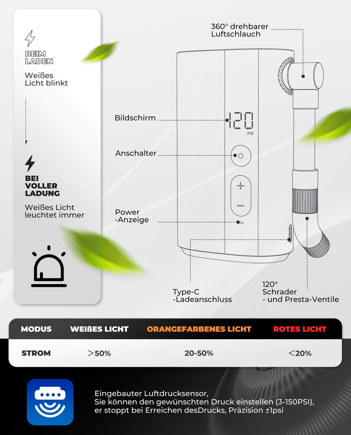 ROCKBROS Mini Elektrische Akku Luftpumpe 5000mAh mit LCD-Bildschirm LED - ROCKBROS-EU