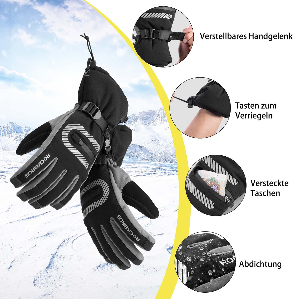 ROCKBROS Skihandschuhe 2 in 1 Winddicht Warme Handschuhe Schwarz M-2XL - ROCKBROS-EU