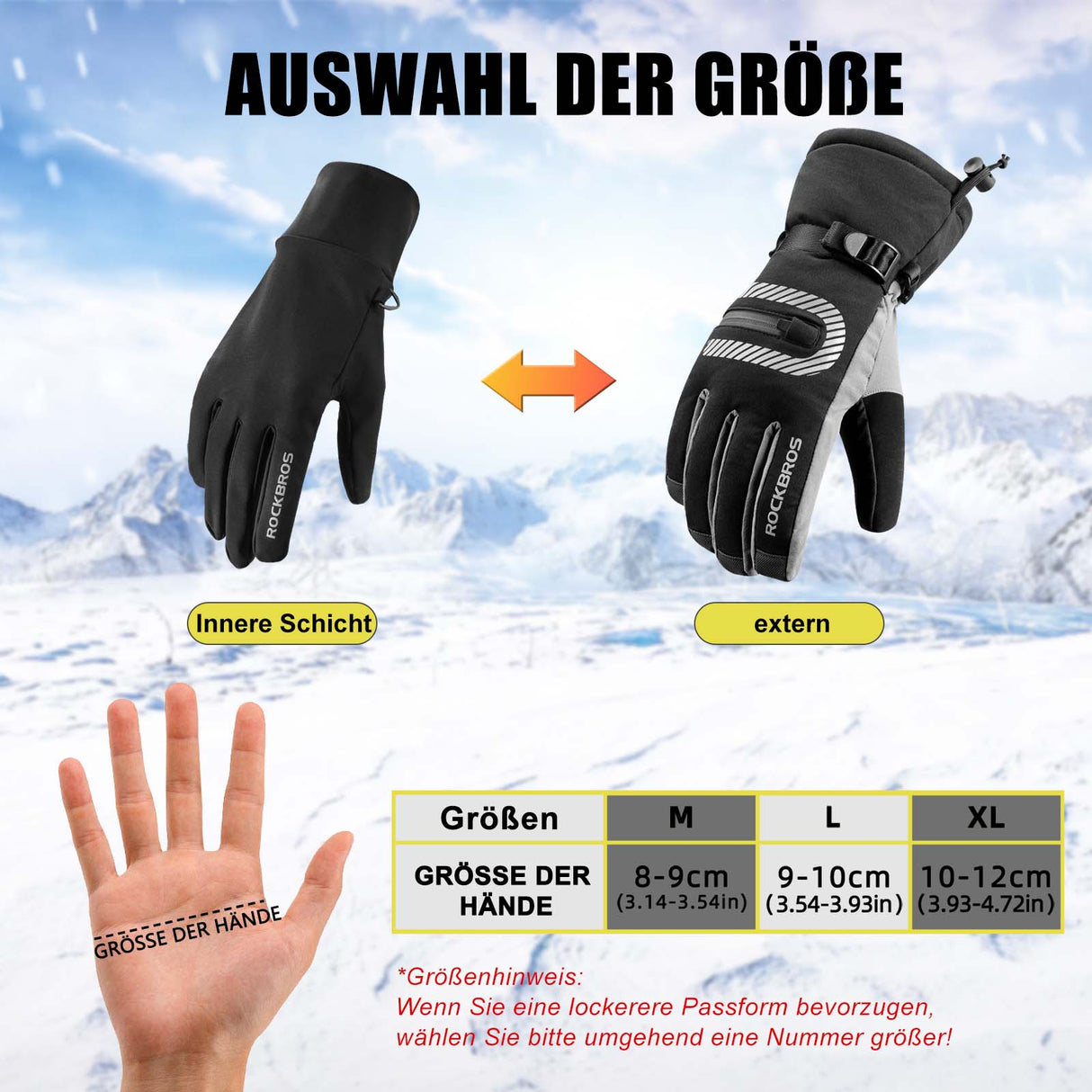 ROCKBROS Skihandschuhe 2 in 1 Winddicht Warme Handschuhe Schwarz M-2XL - ROCKBROS-EU