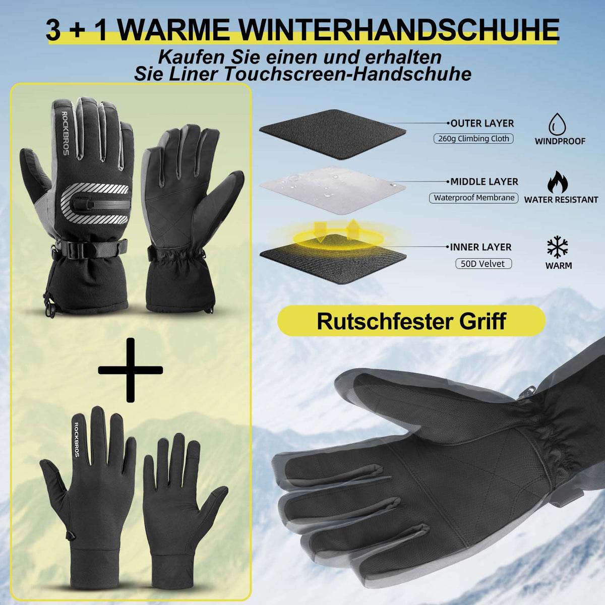 ROCKBROS Skihandschuhe 2 in 1 Winddicht Warme Handschuhe Schwarz M-2XL – ROCKBROS-DE