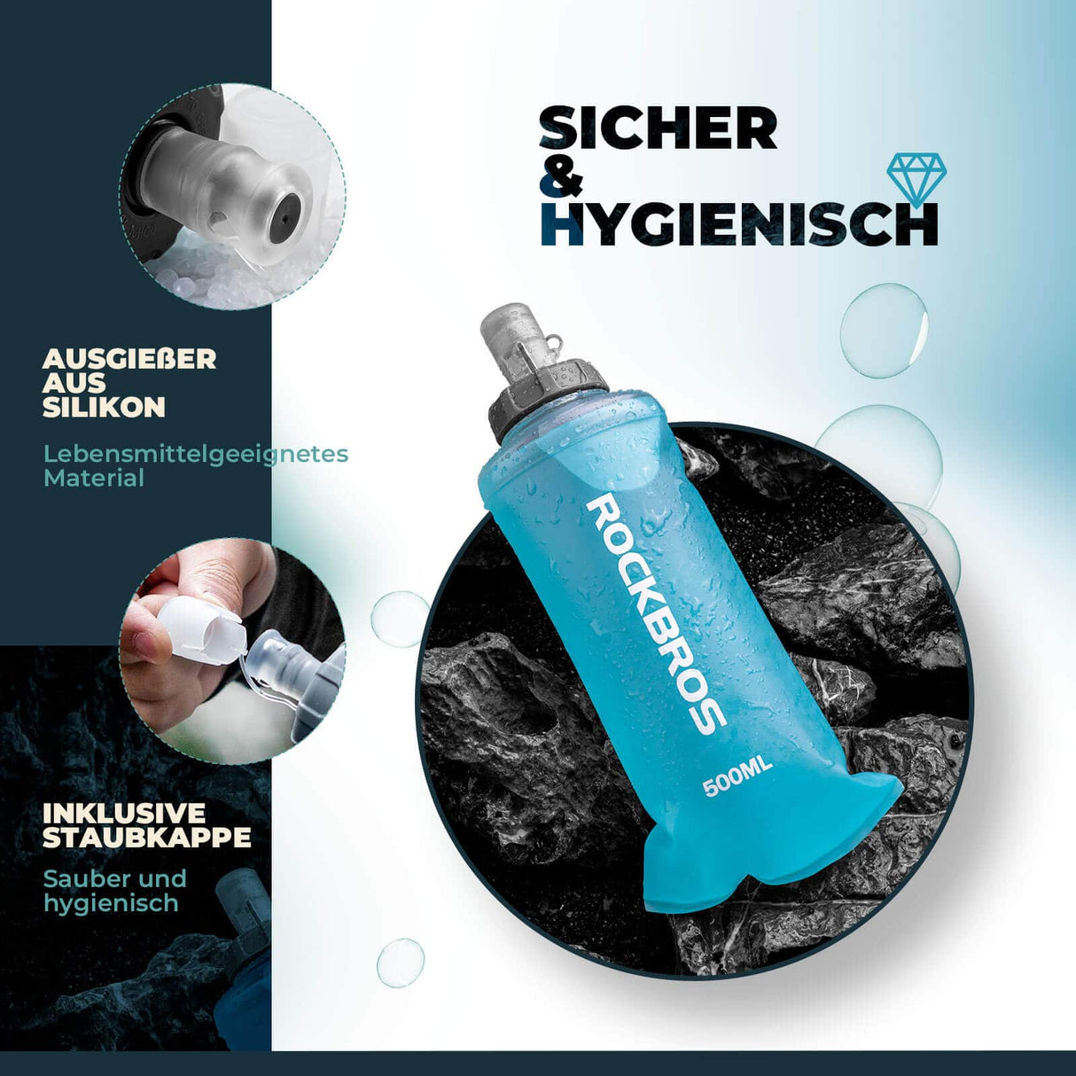 ROCKBROS Trinkflasche Faltbare Wasserflasche 500ml für Laufen Wandern Radfahren - ROCKBROS-EU