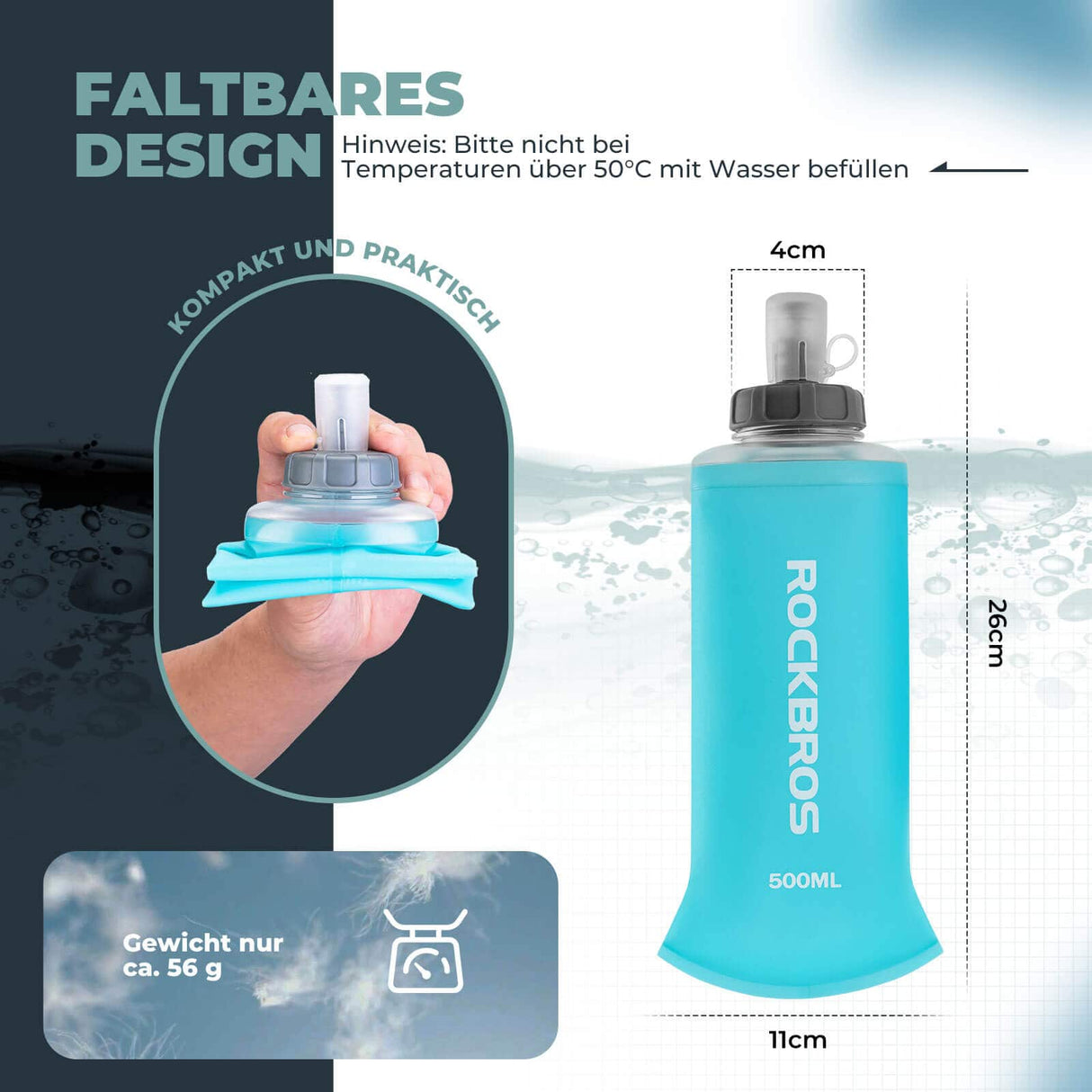 ROCKBROS Trinkflasche Faltbare Wasserflasche 500ml für Laufen Wandern Radfahren - ROCKBROS-EU