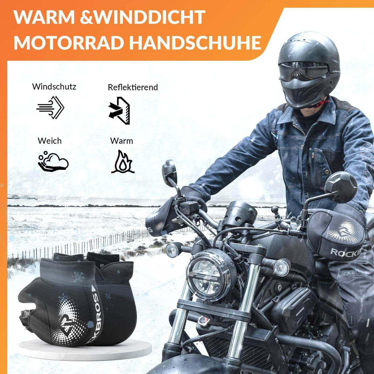 ROCKBROS Winter Lenkerstulpen Winddicht Motorrad Handschuhe Schwarz - ROCKBROS-EU