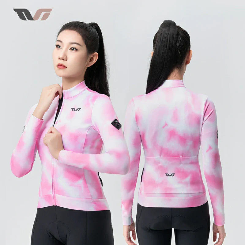 TVI Damen-Radwäsche aus Fleece mit Langarm – Warmes Radsporttrikot-Rosa